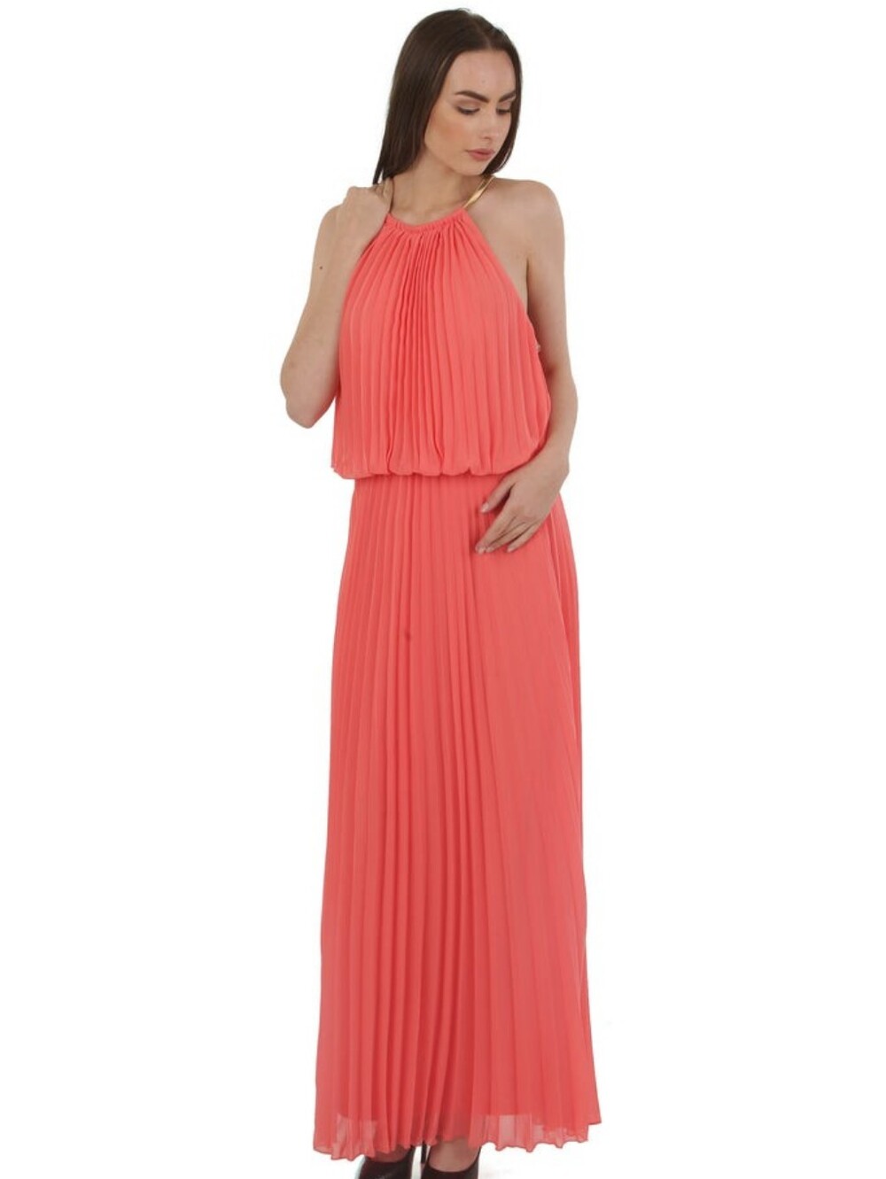 MSK Pleated Halter Maxi Dress Coral Size 8